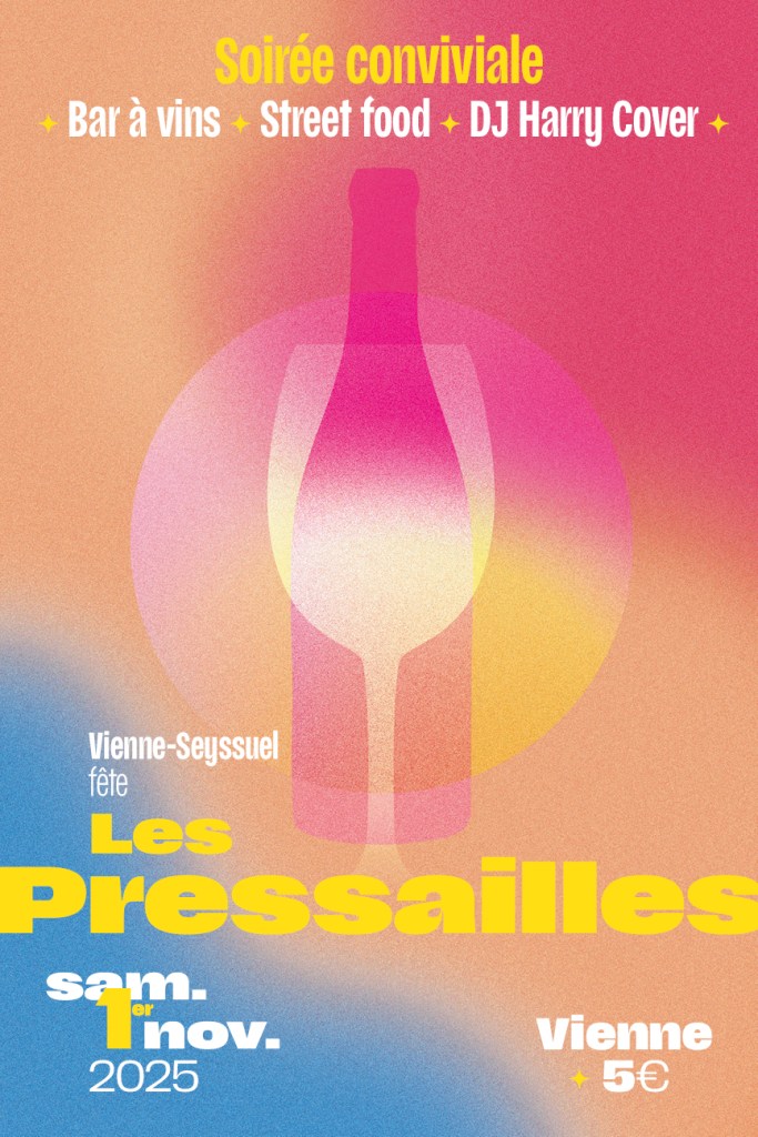 Affiche pour un événement convivial à Vienne, incluant un bar à vins, de la street food et un DJ, avec des éléments graphiques colorés et une bouteille de vin stylisée.