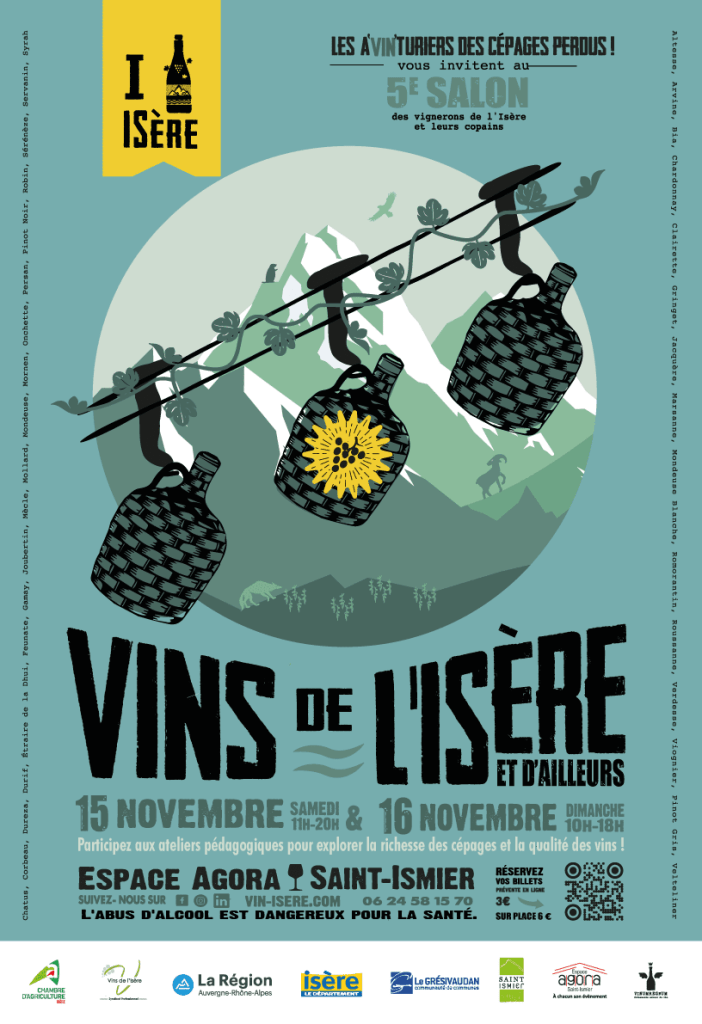 Affiche promotionnelle pour le salon des vins de l'Isère, présentant des bouteilles de vin suspendues en montagnes avec des informations sur l'événement les 15 et 16 novembre à Saint-Ismier.