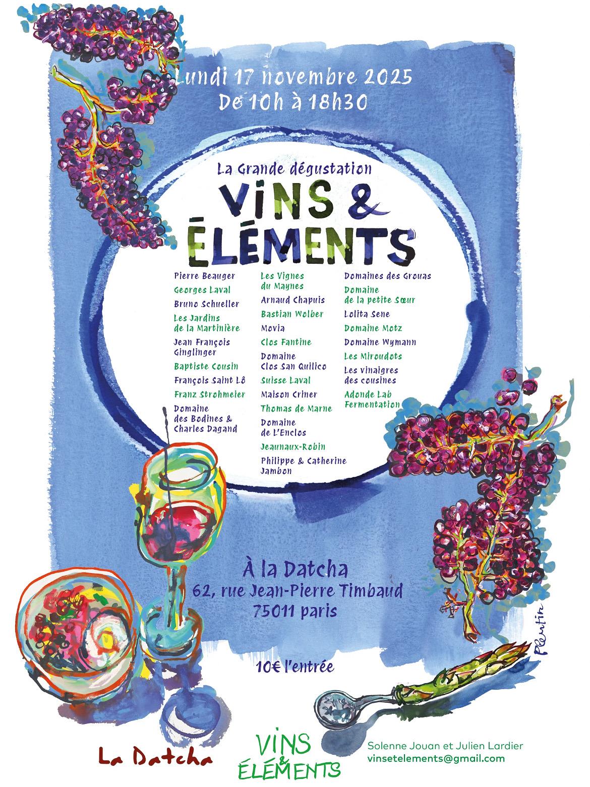 Promotional poster for a wine tasting event titled 'Vins & Éléments' on November 17, 2025, featuring a colorful illustration of grapes and wine glasses, with details about participating wineries and location.